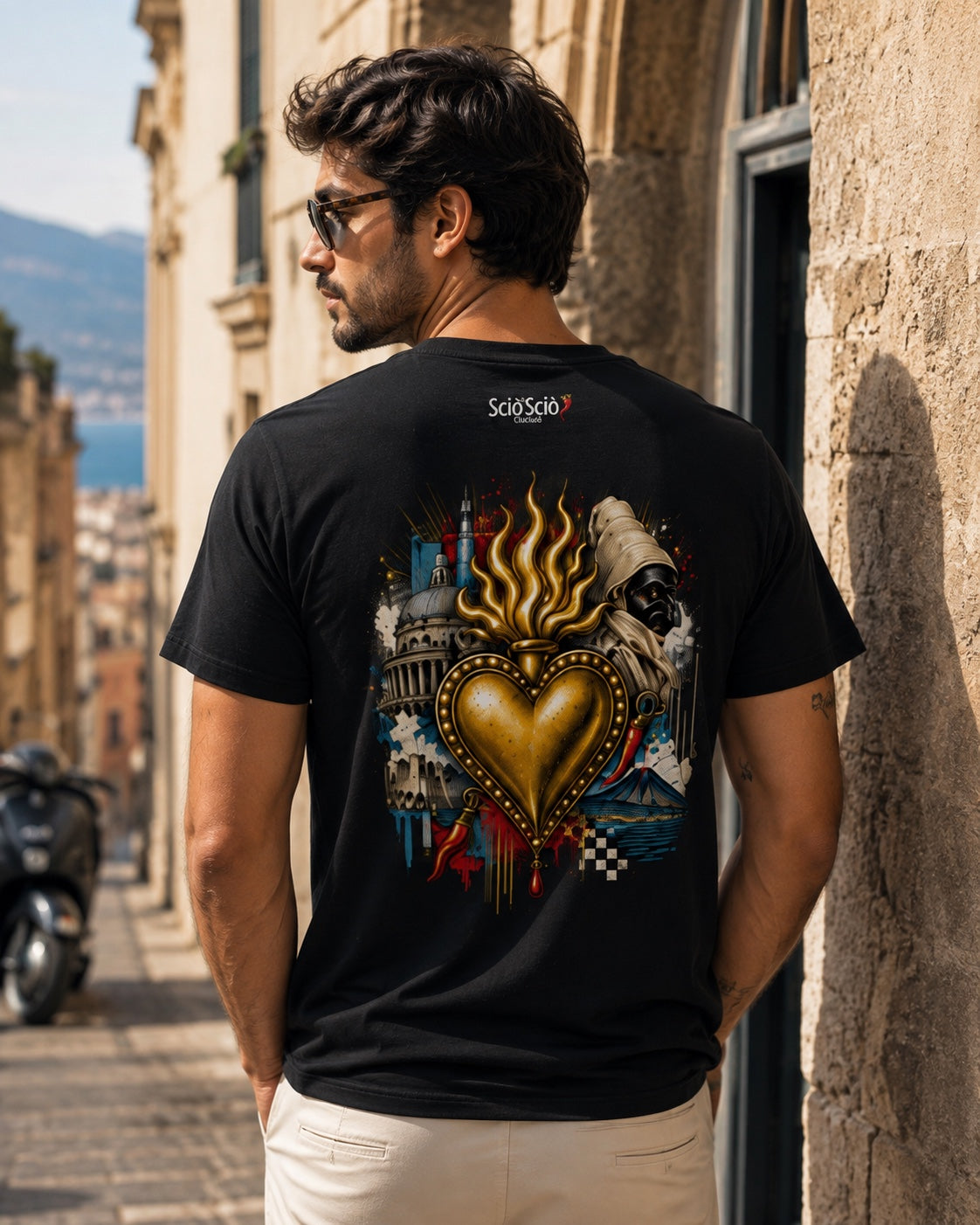 T-shirt uomo Cuore Sacro di Napoli nera – retro – Sciò Sciò Ciucciuè