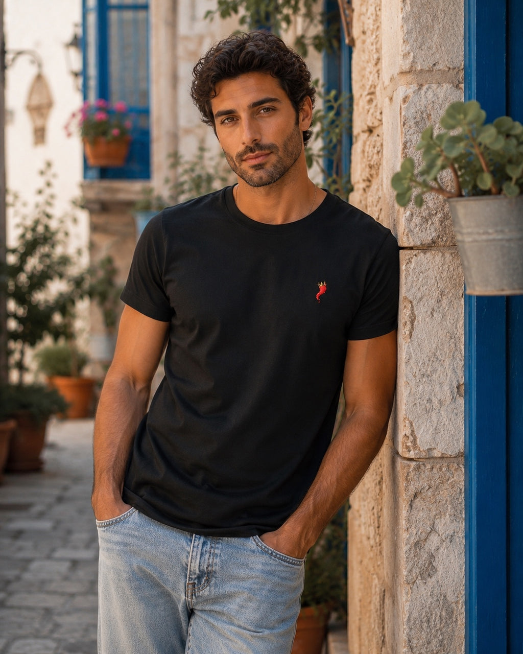 T-shirt uomo Santo Cornicello nera – fronte – Sciò Sciò Ciucciuè